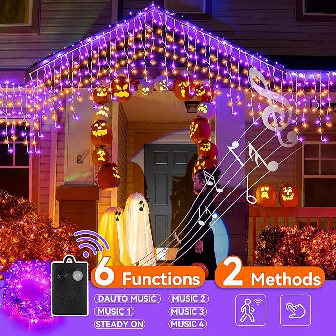 Halloween Icicle Lights with Spook Music Motion Sensing Function - 340LED 29Ft Purple Orange Curtain String Lights - Plug in Lighting for Outdoor Garden Window House Bedroom Halloween Decorations by GreenHaven Gardens