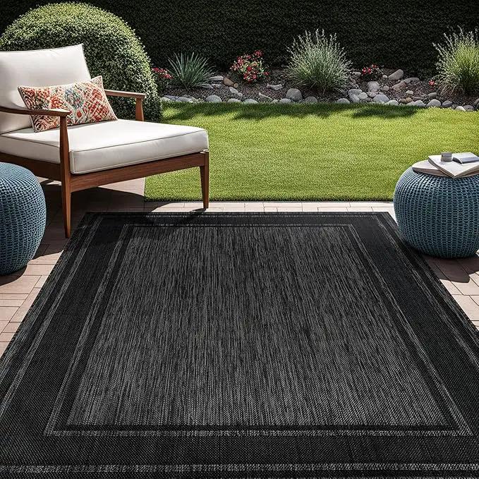Beverly Rug Outdoor Rug 8x10 Modern Bordered Area Rugs for Indoor and Outdoor Patio Deck Porch Garden Waterproof Weather Sun Resistant Washable Outside Carpet (8 x 10 Black) by GreenHaven Gardens