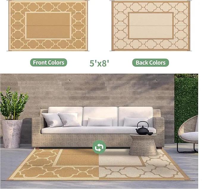 GENIMO 5' x 8' Outdoor Rug Waterproof for Patio Decor, Foldable Reversible Plastic Straw Area Rugs Mat for Camper, Outside Carpet for Rv, Deck, Porch, Picnic, Beach, Balcony, Brown & Beige by GreenHaven Gardens