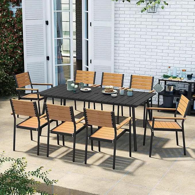 Outdoor Dining Table for 6, 70inch Patio Dining Table with Wooden-Like Top and Aluminum Frame, Rectangular Table with Umbrella Hole Outdoor Furniture, Only Table, Black by GreenHaven Gardens