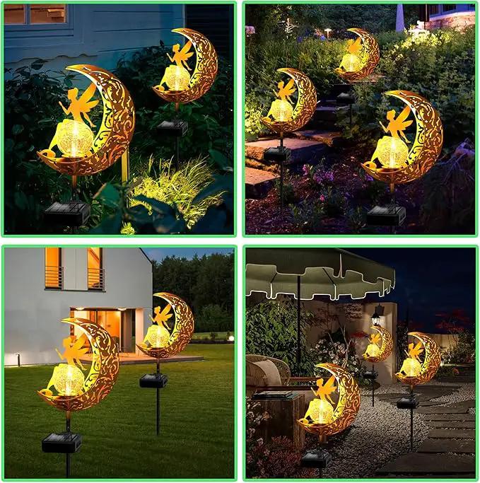 Garden Solar Lights Outdoor Decorative, Moon & Fairy Solar Stake Crackle Glass Globe, Gardening Gifts for Women, Garden Stake Lights Waterproof for Walkway, Yard, Lawn, Patio (Warm White) by GreenHaven Gardens