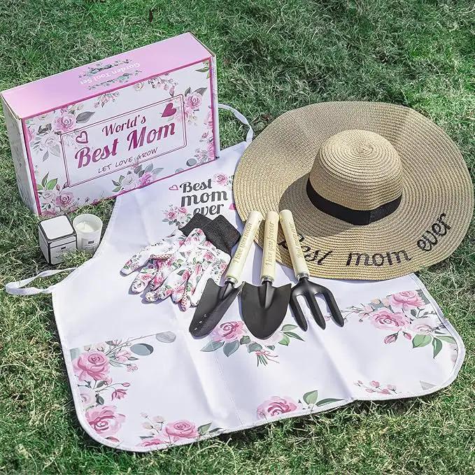Gifts for Mom,7 Piece Womens Gardening Kit with Pink Gardening Tools,Straw Hat, Floral Gardening Apron and Gloves,Mothers Day Gardening Gifts for Mom Pink by GreenHaven Gardens