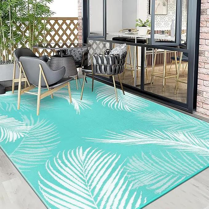Pauwer Waterproof Outdoor Rug 6x9, Reversible Plastic Straw Patio Camping Rug, Indoor Outdoor RV Mat Carpet for Deck, Camper, Porch, Balcony, Backyard, Picnic, Leaf Light Blue by GreenHaven Gardens