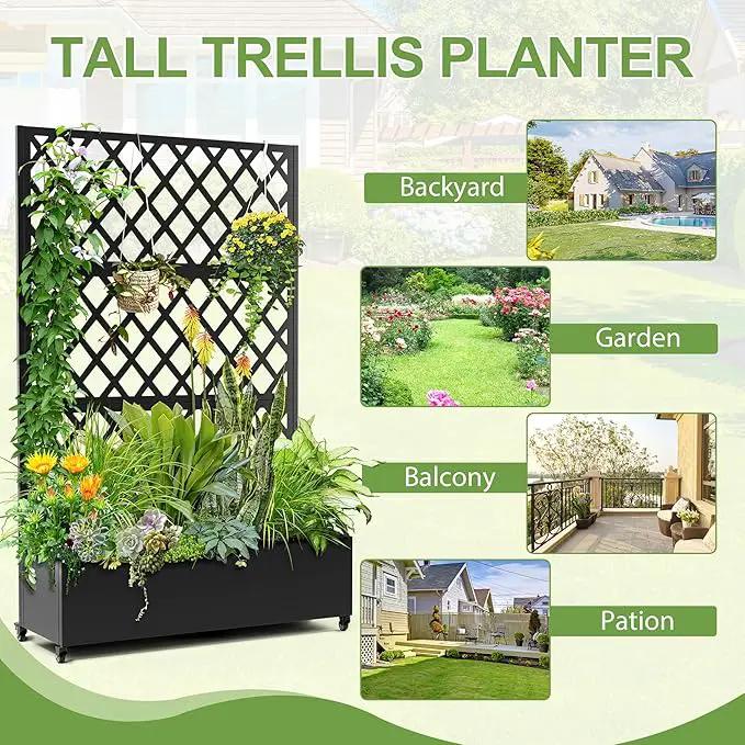 Metal Planter Trellis Box with Wheels & Drain Plug Outdoor Raised Garden Bed Patio Privacy Screen with Planter for Climbing Plants, Vegetables 73"x47"x16" Black-Diamond by GreenHaven Gardens