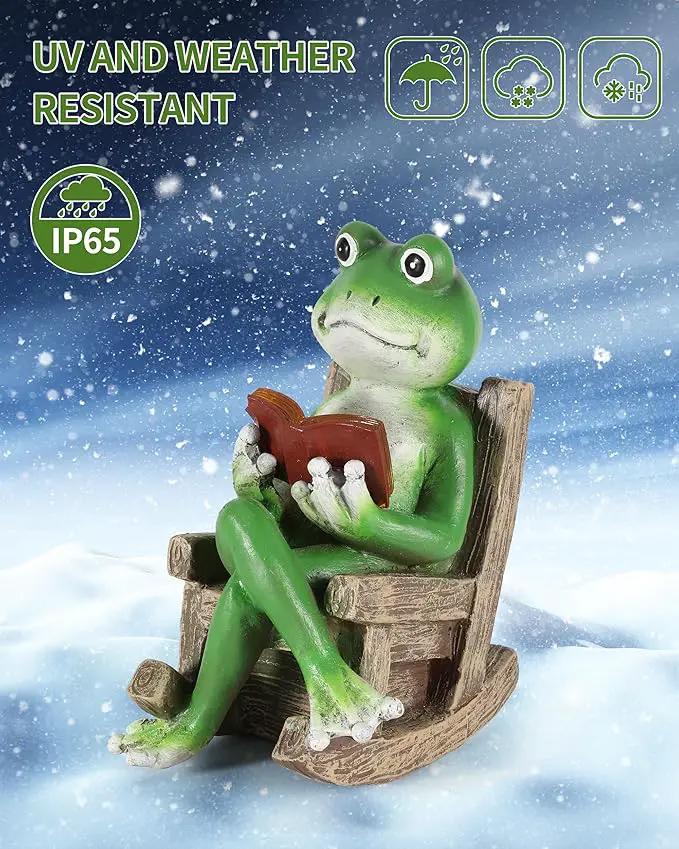 iStatue Miniature Solar Frog Reading Book Figurine Light - 5.5'' Resin Chair Statue Outdoor Table Decor for Lawn Ornaments, Patio, Yard & Garden and Home by GreenHaven Gardens