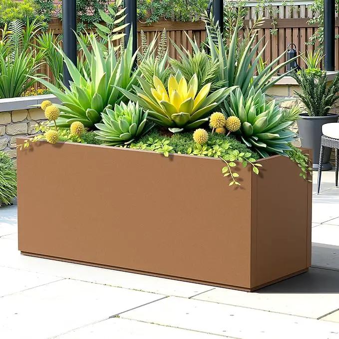 FENCY Large Metal Planter, Large Rectangular Planters for Outdoor Plants, Tall Outdoor Planters for Porch Patio, 38" L x 15" W x 16.3" H Brown Metal Planter with Drainage Hole by GreenHaven Gardens