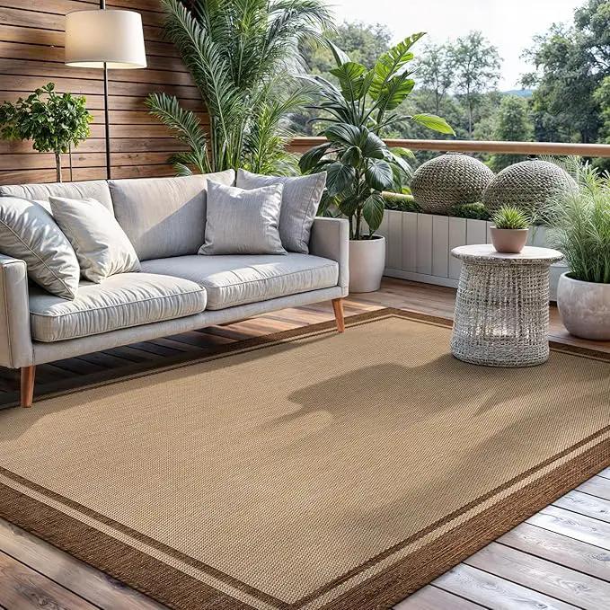 CAMILSON Outdoor Rug 9x12 Bordered Natural Brown Modern Area Rugs for Indoor and Outdoor Patios, Kitchen and Hallway Mats, Washable Porch Deck Outside Carpet (Border Jute, 9 x 12) by GreenHaven Gardens