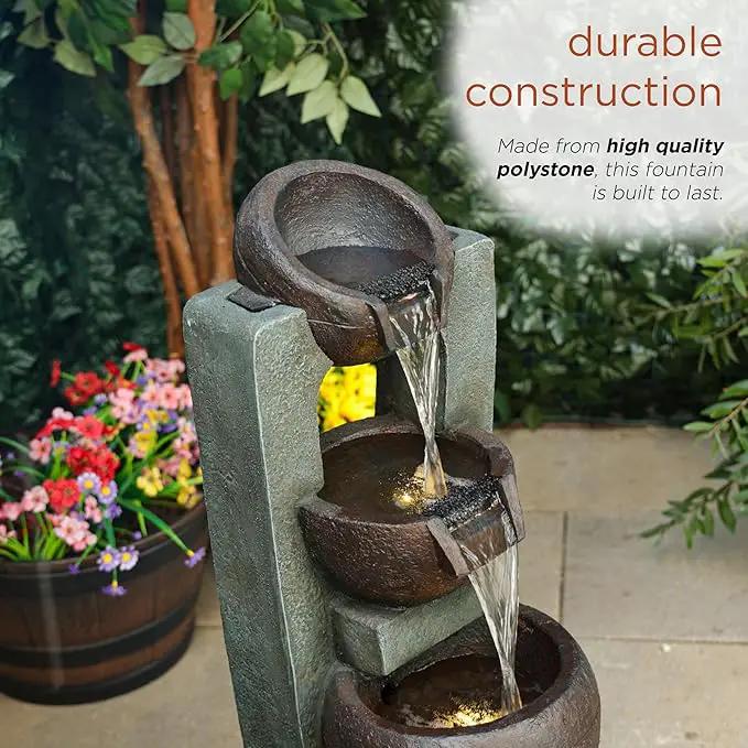 Alpine Corporation TZL400 34" 3 Tier Basin Cascading Fountain with LED Lights, Elegant Outdoor Water Feature for Garden, Patio, Yard & Outdoor Spaces, Relaxing Waterfall Fountain, Gray by GreenHaven Gardens