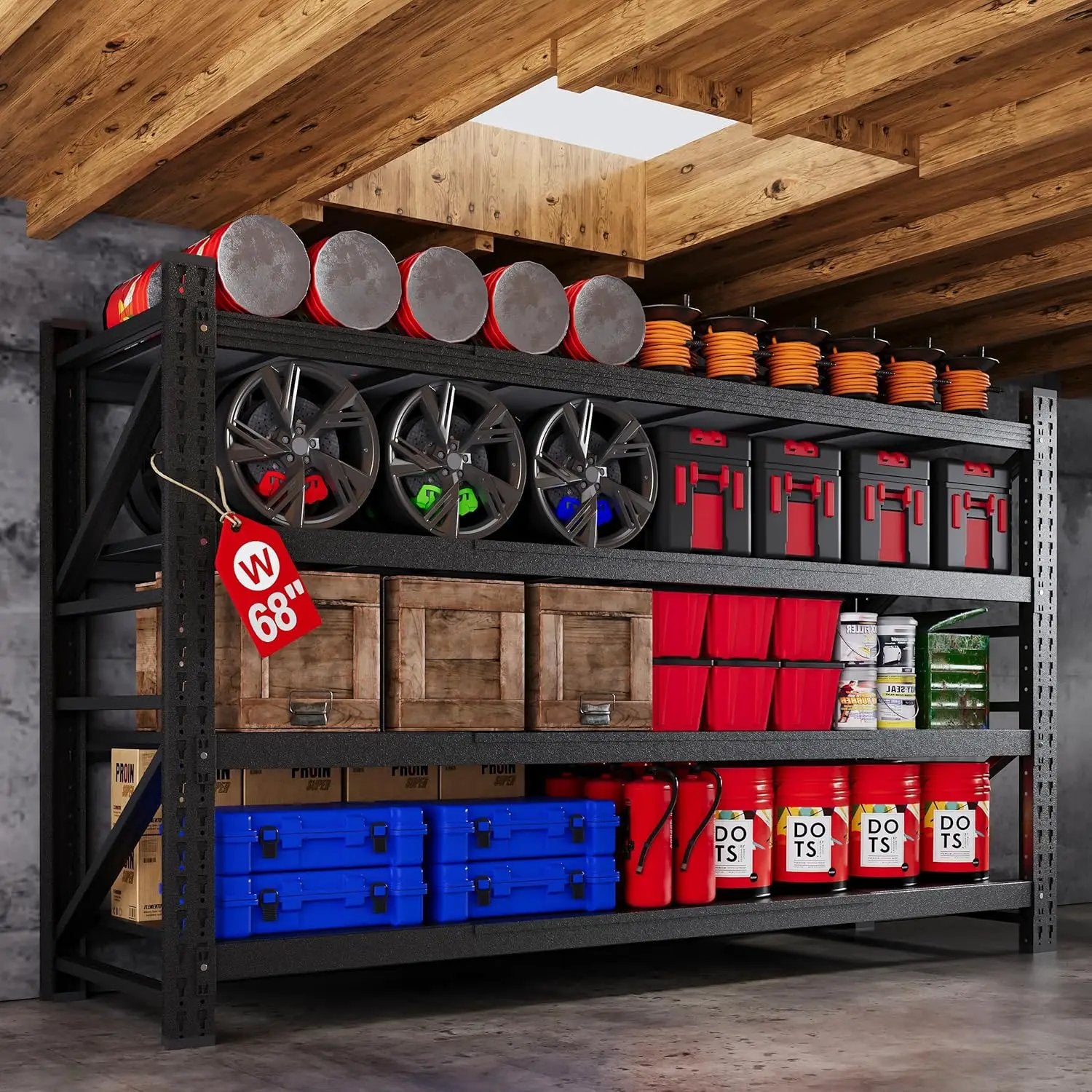 68” W Metal Shelf Heavy Duty, 8000LBS Metal Garage Shelving Units, 4 Tier Storage rack shelves, Steel Industrial Shelving , Adjustable Standing Shelf for Basement/Warehouse 68"W x 24"D x 64"H, Black by GreenHaven Gardens