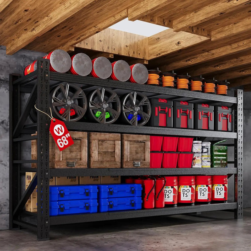 68” W Metal Shelf Heavy Duty, 8000LBS Metal Garage Shelving Units, 4 Tier Storage rack shelves, Steel Industrial Shelving , Adjustable Standing Shelf for Basement/Warehouse 68"W x 24"D x 64"H, Black by GreenHaven Gardens