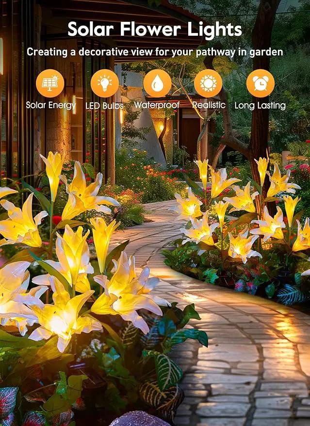 Brightown Outdoor Solar Garden Lights - 4 Pack LED Flower Lights with Larger Lily, Bigger Solar Panel, Waterproof for Outside Yard Patio Garden Decorations, White by GreenHaven Gardens