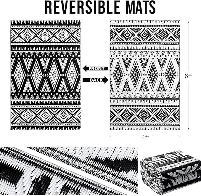 OLANLY Outdoor Rug Waterproof 4x6 ft, Reversible Outdoor Plastic Straw Rug, Boho Patio Rug, Indoor Outdoor Carpet, RV Mat Outside for Patio, Camp, Picnic, Balcony, Deck, Backyard, Black & White by GreenHaven Gardens
