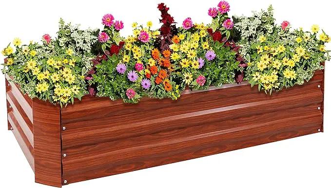 Sunnydaze 11.75" H Raised Metal Garden Bed - Galvanized Raised Garden Bed Outdoor for Vegetables and Flowers - Woodgrain - 4' x 2' Rectangle by GreenHaven Gardens
