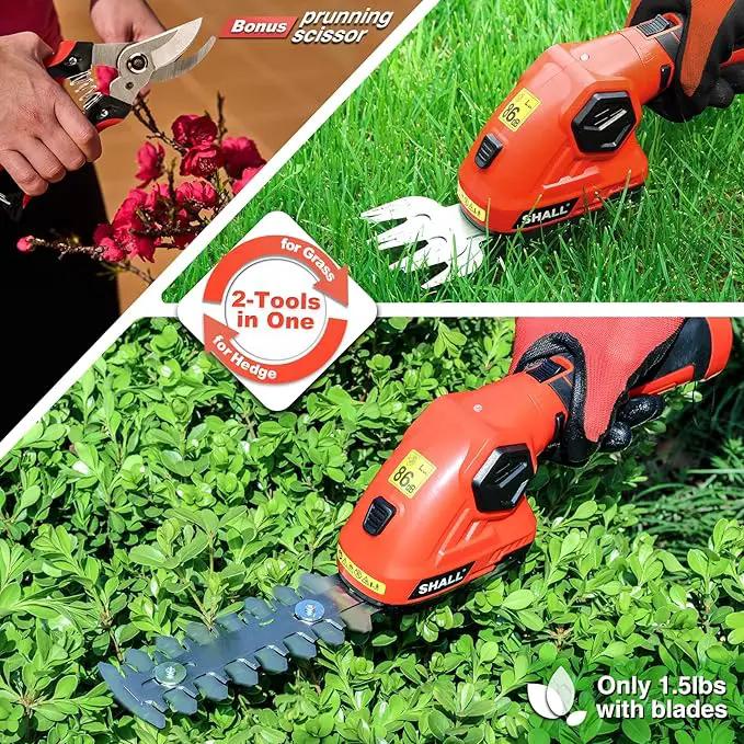 SHALL 2 in 1 Cordless Grass Trimmer & Hedge Shears - 7.2V Electric Shrub Cutter w/Pruning Scissors, Rechargeable Battery & Fast Charger by GreenHaven Gardens