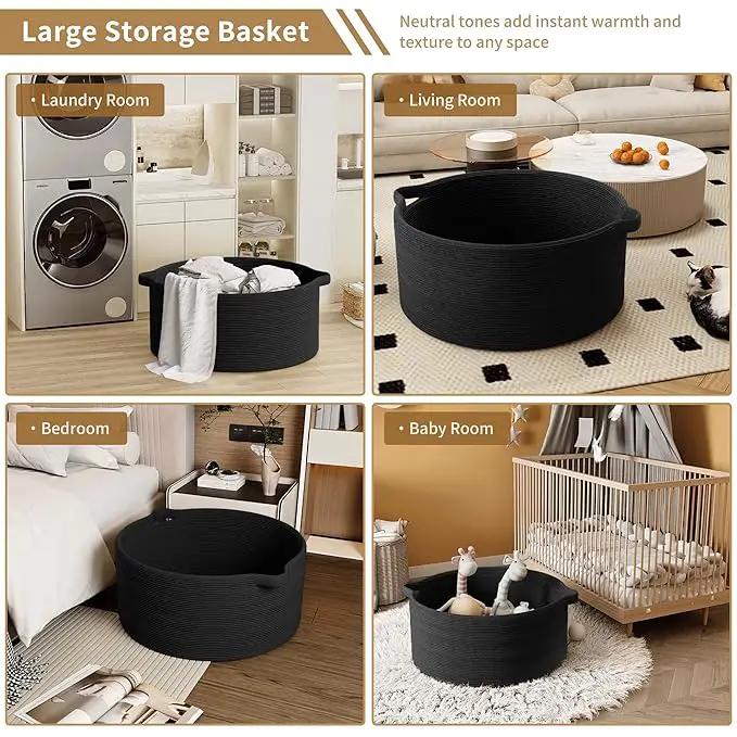 125L Extra Large Blanket Basket, 25" x 16", Jumbo Laundry Woven Baskets Decorative Home, Cotton Rope Basket with Handles, Baby Toy Baskets for Storage, Black by GreenHaven Gardens