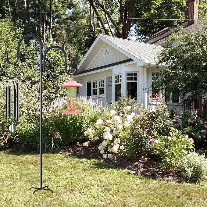 Double Shepherds Hook for Outdoor,94 Inch Bird Feeder Pole with 5 Prongs Base,Adjustable Heavy Duty Garden Hanging Holder for Hanging Plant,Solar Light,Weddings Decor,Hummingbird Feeder（1 Pack） by GreenHaven Gardens