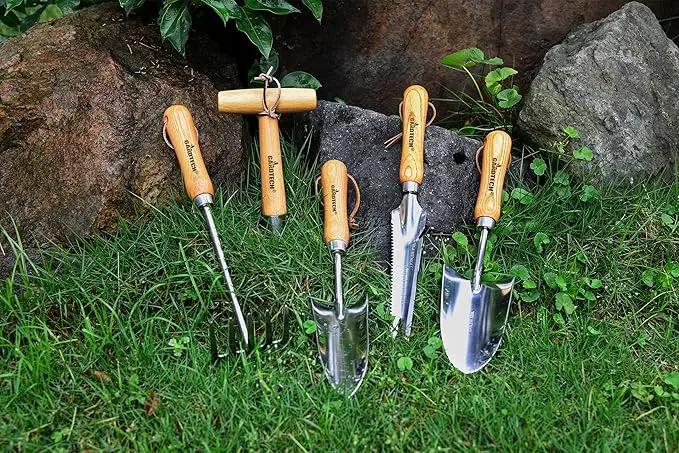 Gardtech Garden Tool Set, 5 Pcs Gardening Tool Set with Weeder Puller, Dibber, Transplanter, Big Trowel, 5-Claw Cultivator - Wooden Handle Heavy Duty Stainless Steel Gardening Hand Tools by GreenHaven Gardens