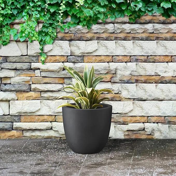 Kante 10 Inch Dia Round Concrete Planter, Indoor Outdoor Large Plant Pot with Drainage Hole and Rubber Plug for Home Patio Garden, Black by GreenHaven Gardens
