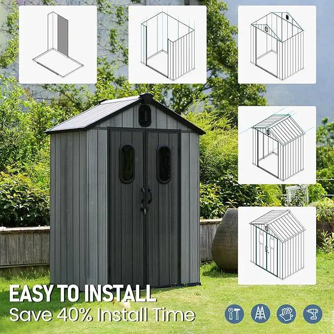 Domi 5x3 FT Outdoor Resin Storage Shed, All-Weather Double-Wall Storage Building for Backyard, Garden, Lawn Tools, Mower, Bike & Pool Equipment, Lockable Doors, Ventilated Roof, Grey by GreenHaven Gardens
