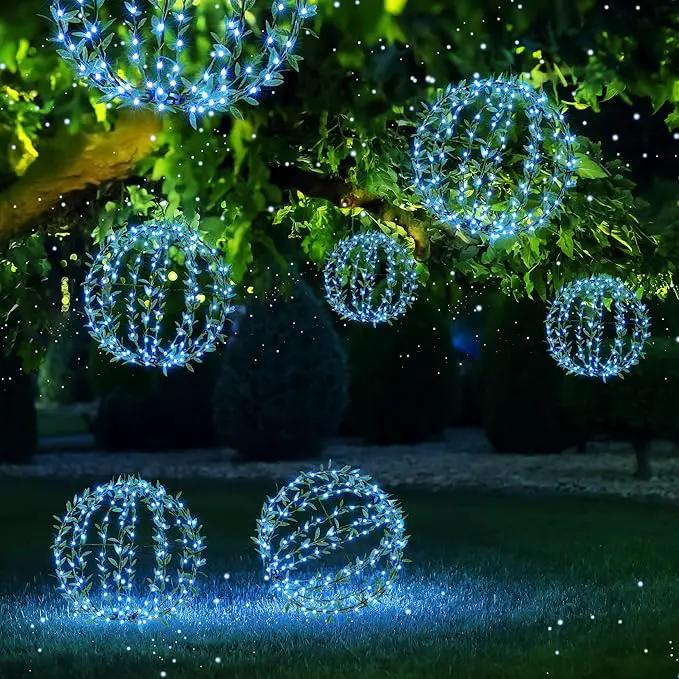 Flacchi Hanging Iron Sphere Lights with Artificial Greenery – 12Inch 120 LED Waterproof Outdoor/Indoor Decor Ball Light with Timer & 8 Modes – 2 Pack for Garden, Christmas, Weddings (Blue) by GreenHaven Gardens