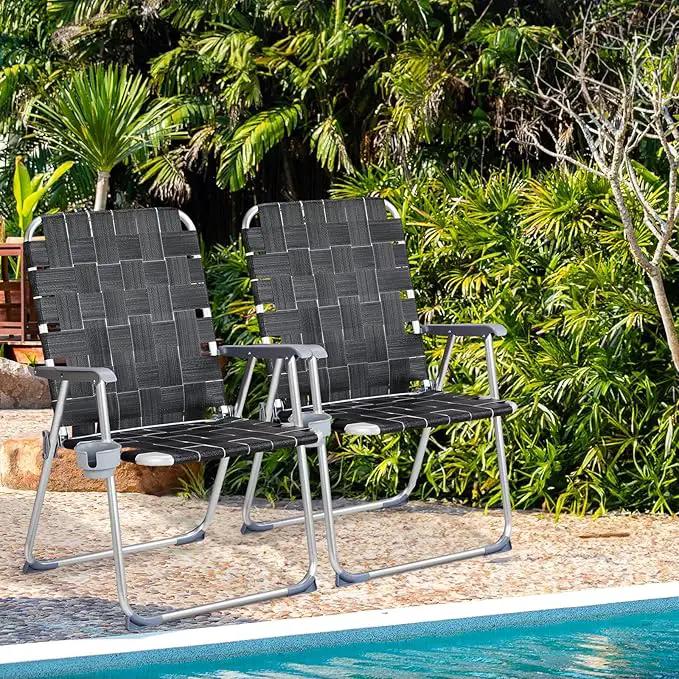 VINGLI Aluminum Oversize Patio Lawn Chairs Folding Set of 2 with Detachable Cup Holder, Webbed Beach Chair Folding Chair Outdoor Portable Camping Chair for Yard, Garden by GreenHaven Gardens
