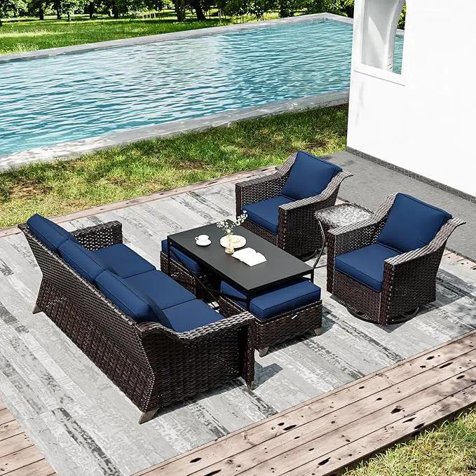 Joyside Wicker Patio Furniture Sets, 7 Pieces Upgraded Large Size Outdoor Furniture with Swivel Rocking Patio Chairs, 3-Seat Sofa, Outdoor Ottoman and Coffee Table, Thick Cushions, Wide Armrest by GreenHaven Gardens
