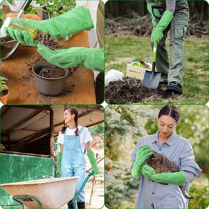 HANDLANDY Leather Gardening Gloves, Thorn Proof Long Gauntlet Heavy Duty Garden Gloves, Elbow Length Rose Pruning Weeding Yard Glove (Medium, Green) by GreenHaven Gardens
