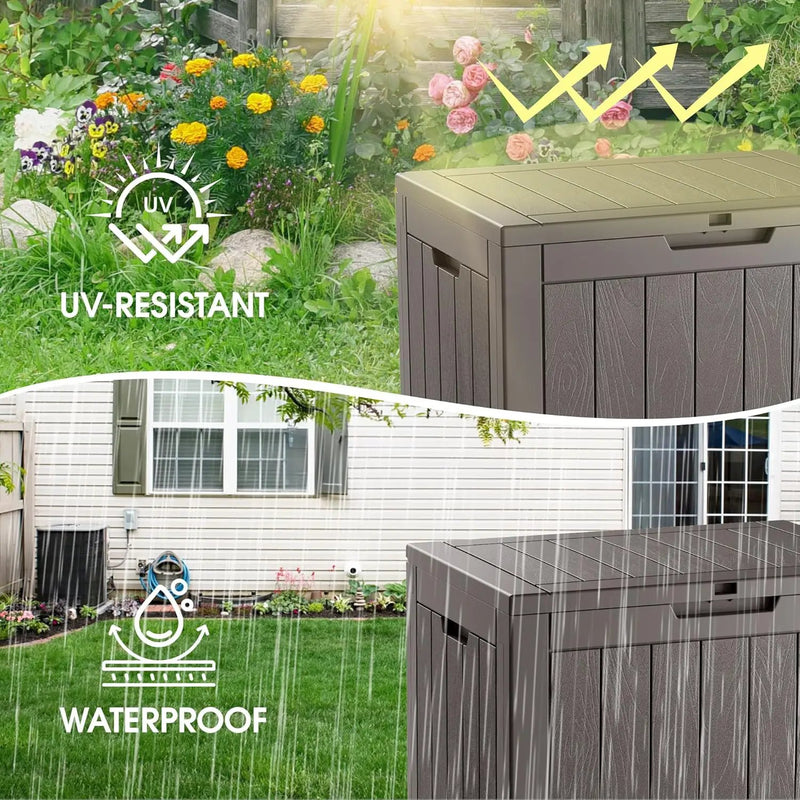 KAMABOKO Deck Box, 35 Gallon Resin Indoor and Outdoor Storage Boxes Waterproof for Garden Tools, Pool Accessories Storage Bench, Patio Furniture and Cushions with Lockable Lid, Grey by GreenHaven Gardens