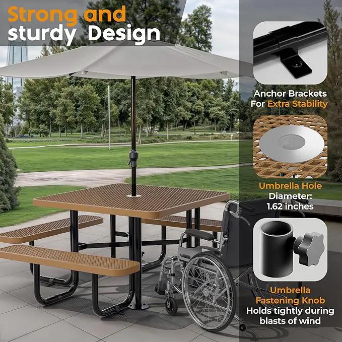 Metal Picnic Tables for Outdoors with Umbrella Hole - Coated Steel Heavy Duty Commercial Grade Table with Adjustable Seats (Brown, 46 in, Square, Expanded Steel) by GreenHaven Gardens