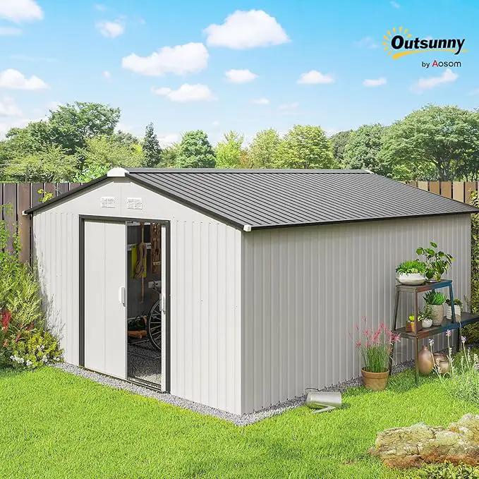 Outsunny 11' x 13' Outdoor Storage Shed, Garden Tool Metal Shed with Foundation Kit, Double Lockable Door, Air Vents and Sloping Roof, for Backyard, Patio, Lawn, White by GreenHaven Gardens