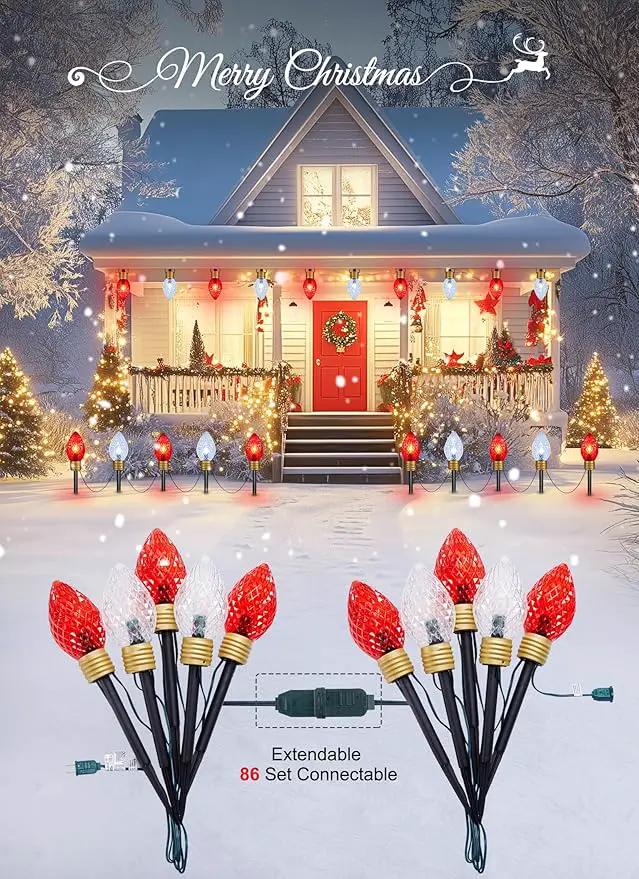 Moonflor Strawberry Jumbo C9 Christmas Lights Outdoor - 2 Pack Total 17FT 10 LED Jumbo C9 Christmas Pathway Lights Outdoor, C9 Walkway Lights, Christmas Decoration for Outside Lawn, Red & Pure White by GreenHaven Gardens