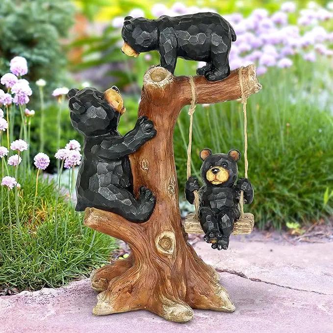Exhart Garden Sculpture, Bear Family Tree Garden Statue with Real Swing, Outdoor Lawn and Yard Art Decoration, 9 x 6.5 x 14 Inch by GreenHaven Gardens