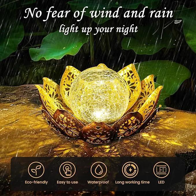 GIGALUMI Solar Lights Outdoor Garden Decor, Adjustable Metal Petal Lotus Flower Lights Crackle Globe Glass Lantern Outdoor Table Decor Waterproof for Patio, Lawn, Pathway, Pond, Christmas Gift by GreenHaven Gardens