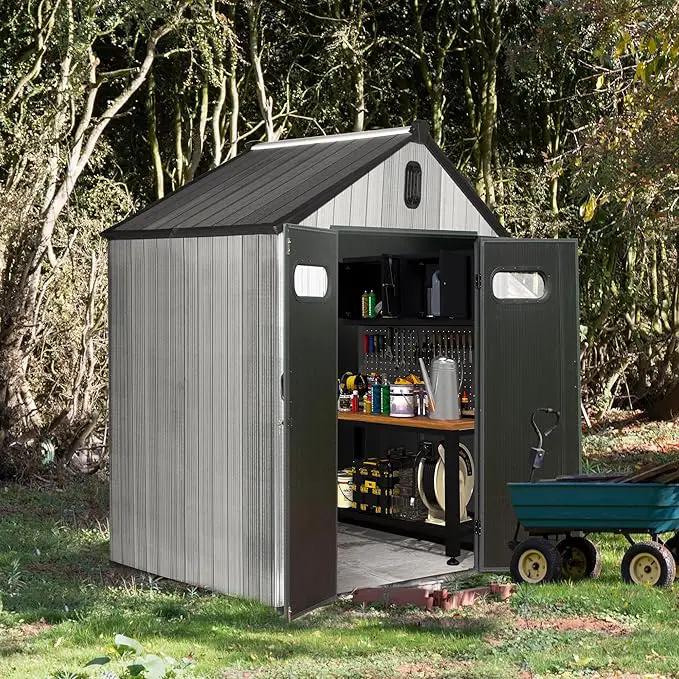 Domi 6x4 FT Outdoor Resin Storage Shed, All-Weather Double-Wall Storage Building for Backyard, Garden, Lawn Tools, Mower, Bike & Pool Equipment, Lockable Doors, Ventilated Roof, Grey by GreenHaven Gardens