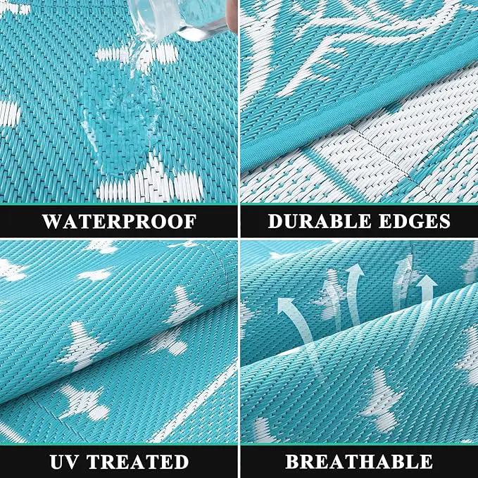Pauwer Waterproof Outdoor Rug 9x12, Reversible Plastic Straw Patio Camping Rug, Indoor Outdoor RV Mat Carpet for Deck, Camper, Porch, Balcony, Backyard, Picnic, Bordered Teal by GreenHaven Gardens