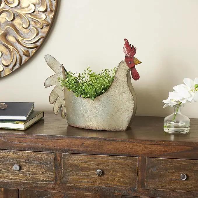 Deco 79 Metal Rooster Indoor Outdoor Planter Large Planter Pot, Planter 12" x 8" x 16", Gray by GreenHaven Gardens