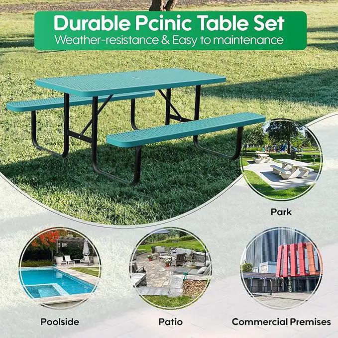 6FT Metal Picnic Tables for Outdoors, Commercial Rectangular Picnic Table and Bench Set for Outside, Patio, Garden, Backyard, Porch, Surface Mount, Green by GreenHaven Gardens