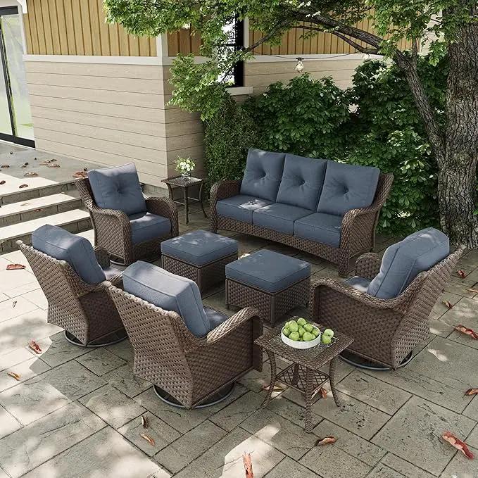 9 Pieces Outdoor Patio Furniture Sets with Rocking Swivel Chairs with 6-inch Thick Cushion and Side Table for Deck Lawn by GreenHaven Gardens