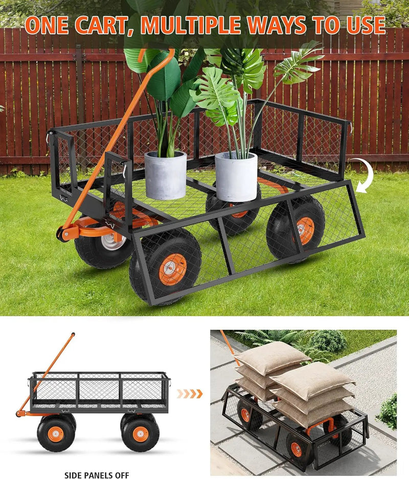 Heavy Duty Steel Garden Cart, 900 LBS Capacity 3 in 1 Pullable Garden Wagon with 10" Wheels, for Gardening Soil, Tools, and Plant Transport by GreenHaven Gardens