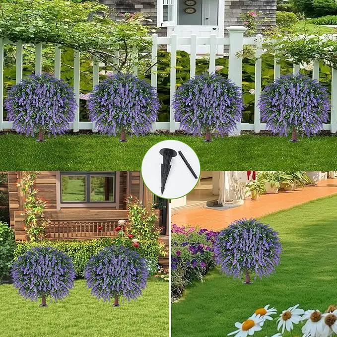 Artificial Lavender Topiany Ball Trees Set of 2,17” Resistant Fake Evergreen Shrubs with Ground SpilRealistic Outdoor Indoor Plants for Garden Porch Maintenance-Free Potted by GreenHaven Gardens