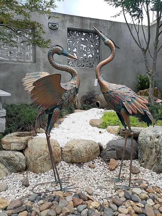 Garden Cranes Statue Retro Animal Sculpture Standing Metal Crane Garden Decoration Metal Yard Art for Yard Outdoor Decoration Set of 2 by GreenHaven Gardens