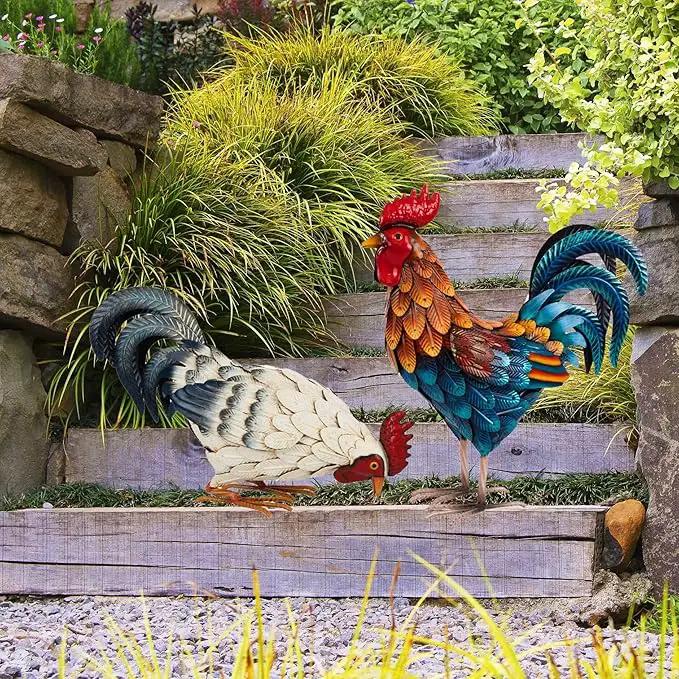 Shorayn Metal Rooster Statues, Outdoor Garden Statues, Metal Chicken Decor, Garden Sculptures & Statues, Chicken Ornaments Yard Art for Backyard Patio Lawn Decorations, Set of 2 by GreenHaven Gardens
