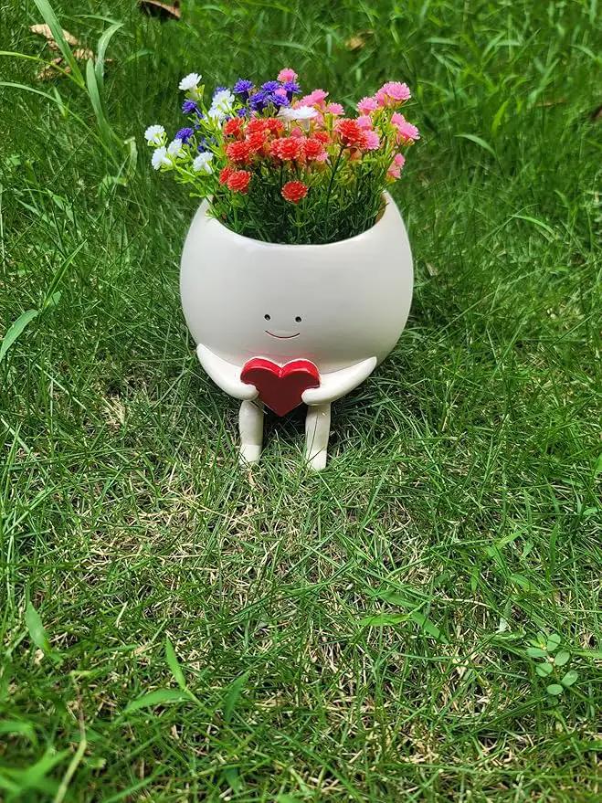 Face Planter Pots Head Cute Resin Cactus for Indoor and Outdoor Face Vase Home Decor Bookshelf Decor Unique Loving Heart Succulent Pots by GreenHaven Gardens