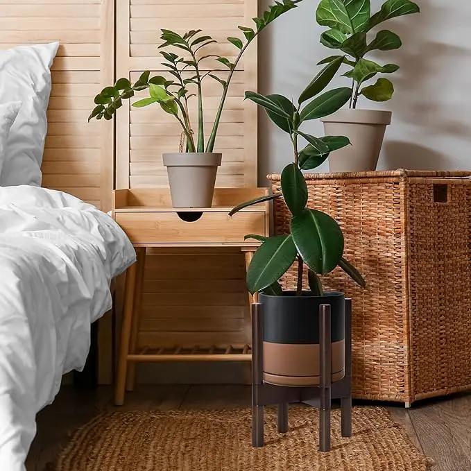 D'vine Dev Ceramic Planter with Walnut Color Stand - 8 Inch Modern Round Flower Pot with Wood Planter Holder, Black/Speckled Tan, 55-B-Y-7 by GreenHaven Gardens