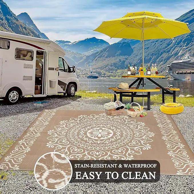 Pauwer Waterproof Outdoor Rug 9x12, Reversible Plastic Straw Patio Camping Rug, Indoor Outdoor RV Mat Carpet for Deck, Camper, Porch, Balcony, Backyard, Picnic, Floral Brown by GreenHaven Gardens