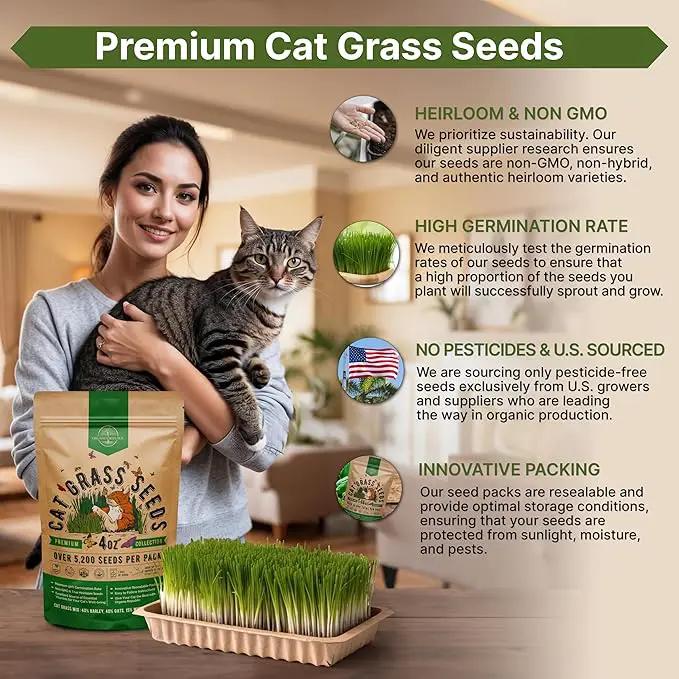 Cat Grass Seeds Mix - 5,200 Non-GMO Heirloom Seeds for Cats & Pets, 4 oz Pack for Growing Fresh Barley, Oat, Rye & Wheat Grass Seeds for Planting, Indoor Plants for Pets, Hairball Remedy for Cats by GreenHaven Gardens