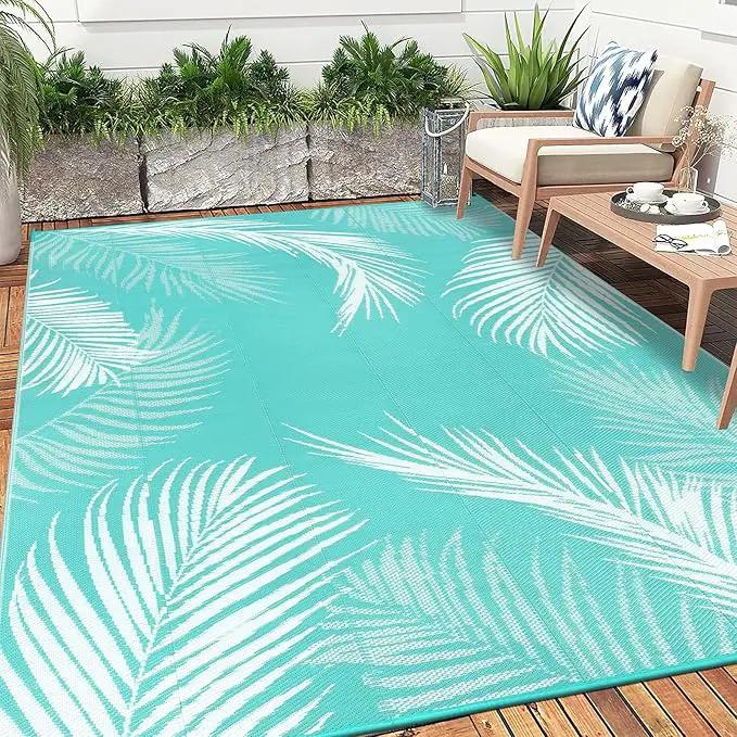 Pauwer Waterproof Outdoor Rug 8x10, Reversible Plastic Straw Patio Camping Rug, Indoor Outdoor RV Mat Carpet for Deck, Camper, Porch, Balcony, Backyard, Picnic, Leaf Light Blue by GreenHaven Gardens