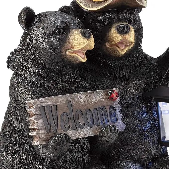 Alpine Corporation 15" Tall Outdoor Bear Couple with Lantern and Welcome Sign Statue with Solar LED Light Yard Art Decoration by GreenHaven Gardens