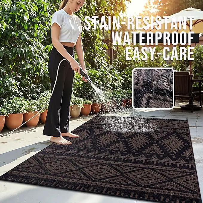 OLANLY Outdoor Rug Waterproof 8x10 ft, Reversible Outdoor Plastic Straw Rug, Boho Patio Rug, Indoor Outdoor Carpet, RV Mat Outside for Patio, Camp, Picnic, Balcony, Deck, Backyard, Black & Brown by GreenHaven Gardens