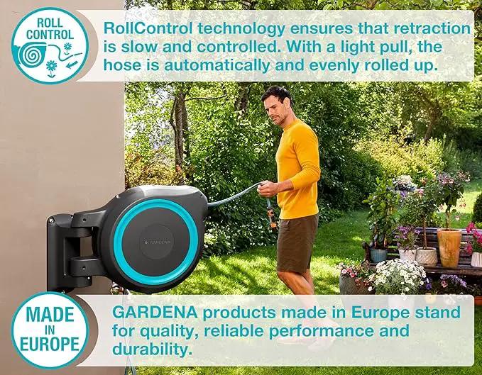 GARDENA (18630) Retractable Garden Hose Reel 115' x 1/2" Wall Mounted, Automatic Retraction & Length Lock for Easy Watering. Heavy Duty Swivel Bracket 180°, Includes Nozzle. Made in Europe by GreenHaven Gardens